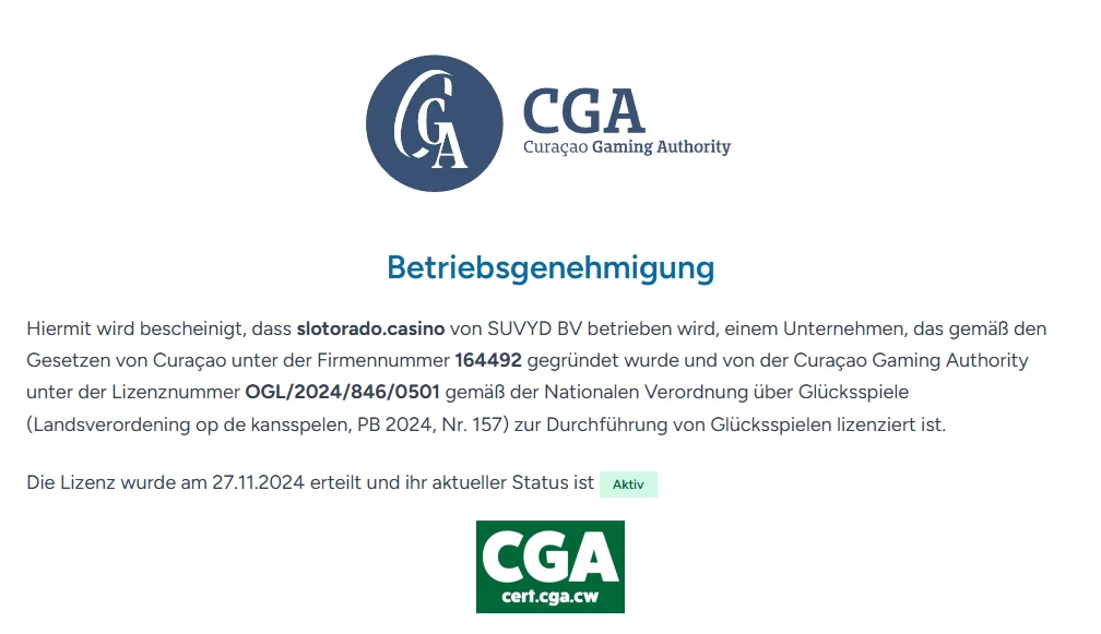 Glücksspiellizenz von Slotorado Casino mit Lizenznummer OGL/2024/846/0501 und aktivem Status