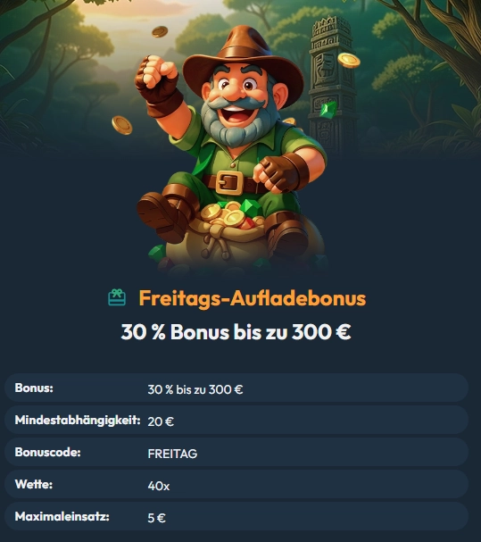 Bonusbedingungen des Freitags-Aufladebonus im Slotorado Casino mit 30 % Bonus bis zu 300 €