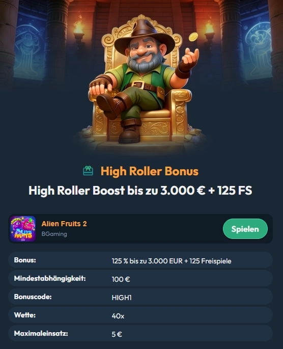 Bonusbedingungen des High Roller Bonus im Slotorado Casino mit bis zu 3.000 € und 125 Freispielen