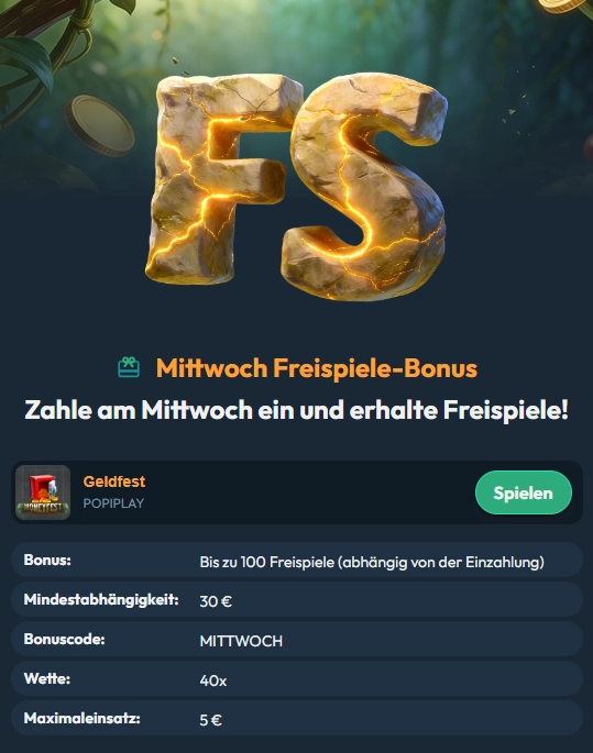 Bonusbedingungen des Mittwoch Freispiele-Bonus im Slotorado Casino mit bis zu 100 Freispielen