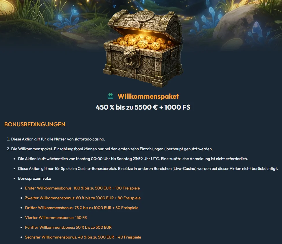 Bonusbedingungen des Willkommenspakets im Slotorado Casino mit bis zu 450 % Bonus und 1.000 Freispielen
