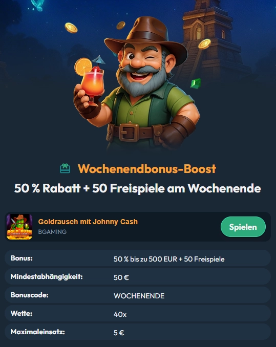 Bonusbedingungen des Wochenendbonus-Boosts im Slotorado Casino mit 50 % Bonus bis zu 500 € und 50 Freispielen
