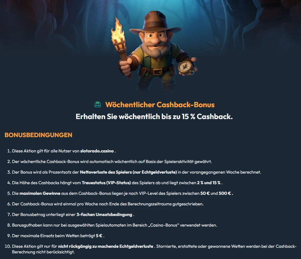 Bonusbedingungen des wöchentlichen Cashback-Bonus im Slotorado Casino mit bis zu 15 % Cashback