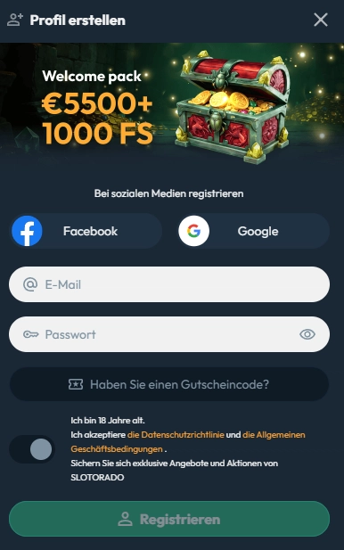 Registrierungsformular für ein neues Spielerkonto im Slotorado Casino
