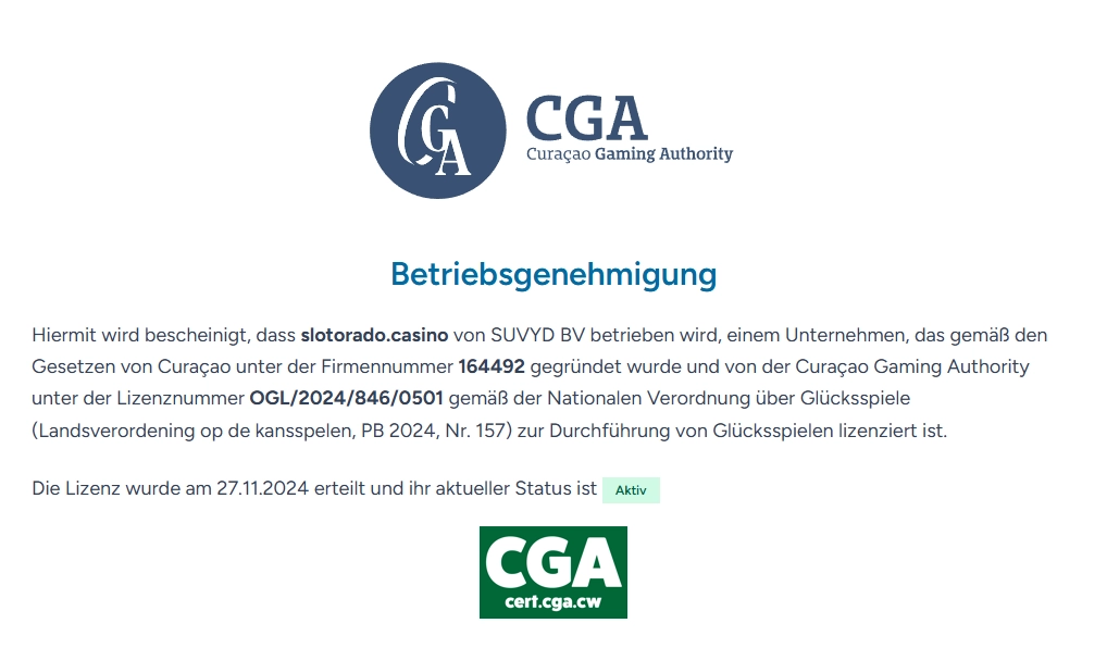 Lizenzbestätigung des Slotorado Casino durch die Curaçao Gaming Authority