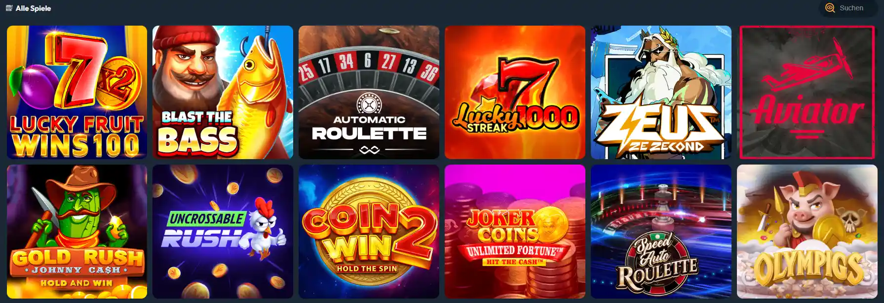 Übersicht verschiedener Spiele im Slotorado Casino mit Slots, Roulette und Aviator