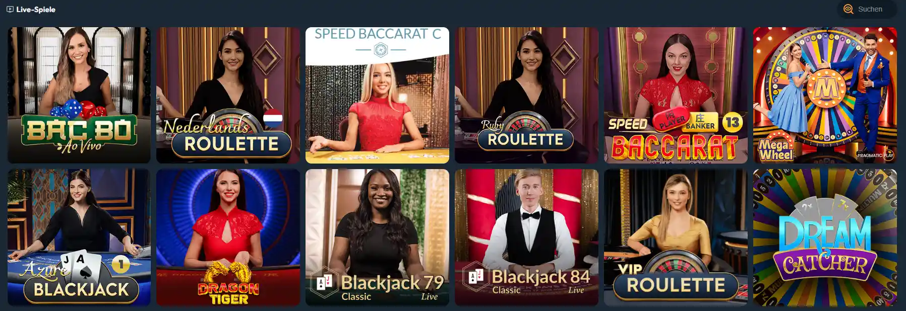 Auswahl an Live-Casino-Spielen im Slotorado Casino mit Roulette, Blackjack, Baccarat und Mega Wheel