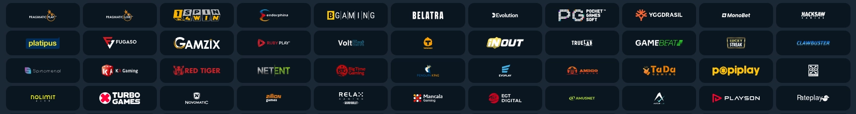 Übersicht der Spielanbieter im Slotorado Casino mit Pragmatic Play, Evolution, BGaming und weiteren Studios