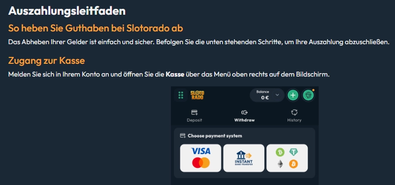 Auszahlungsbereich im Slotorado Casino mit verfügbaren Auszahlungsmethoden